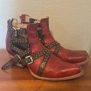 Freebird Wasp Red Leather Studded Ankle Boots